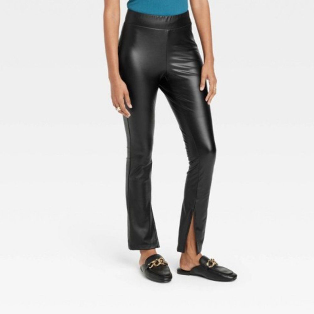 A new day Black High Waisted Split Hem Faux Leather Flared Leggings Size XL